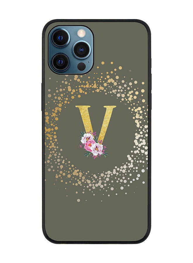 Stylizedd Rugged Black edge case for Apple iPhone 12 Pro Max Slim fit Soft Case Flexible Rubber Edges TPU Gel Thin Cover - Custom Monogram Initial Letter Floral Pattern Alphabet - V (Olive Green) - Image 1