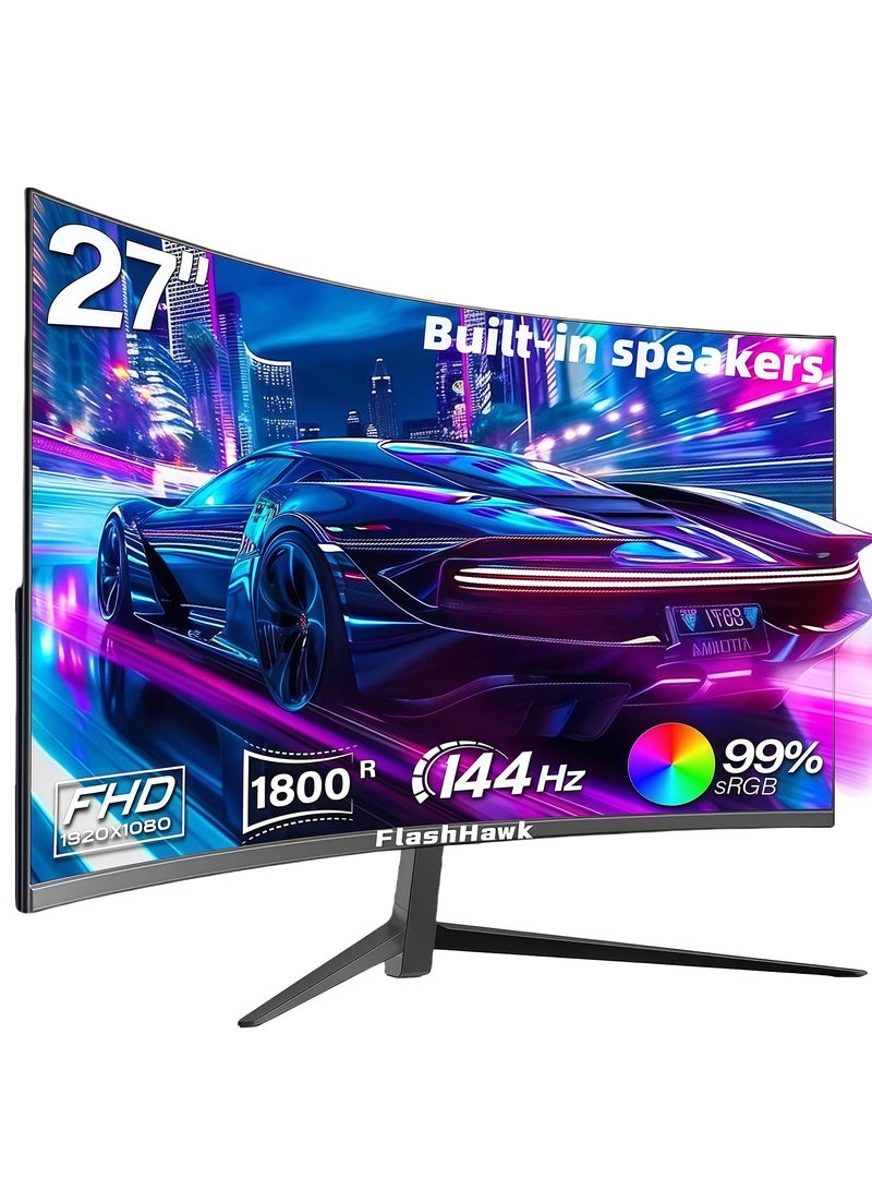 فلاشهوك شاشة ألعاب منحنية مقاس 27 بوصة مع مكبرات صوت مدمجة، ومعدل تحديث 144 هرتز، ودقة Full HD 1080 بكسل، وتصميم بدون إطار 1800R، وتقنية FreeSync، وتقنية Eye-Care، ومنافذ HDMI/DP - أسود - Image 1