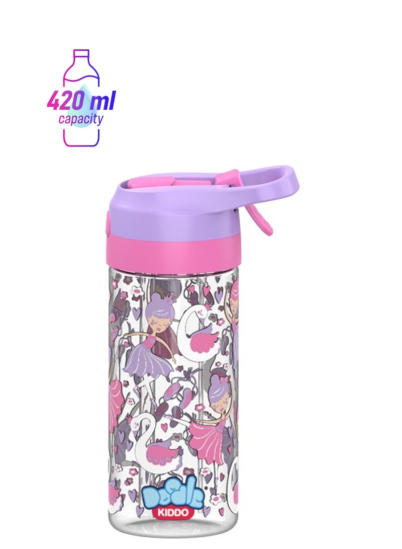 Doodle Kiddo Ballerina Plastic Water Bottle with Refreshing Water Spray Technology - 420ML, Leakproof, Push Button Open, Sipper Spout - Image 1