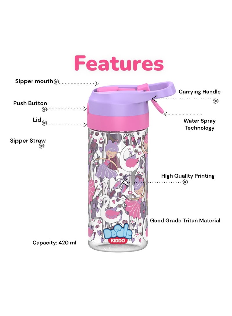 Doodle Kiddo Ballerina Plastic Water Bottle with Refreshing Water Spray Technology - 420ML, Leakproof, Push Button Open, Sipper Spout - Image 2