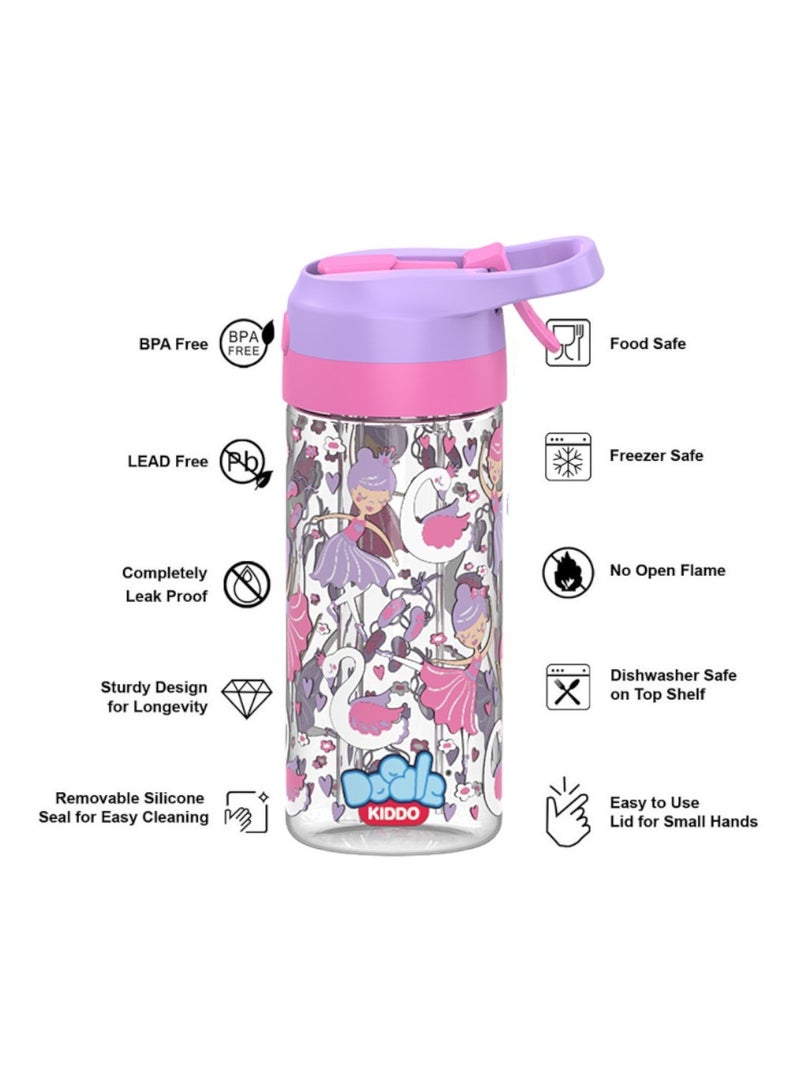 Doodle Kiddo Ballerina Plastic Water Bottle with Refreshing Water Spray Technology - 420ML, Leakproof, Push Button Open, Sipper Spout - Image 3