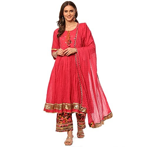 BIBA Women Solid Straight Salwar Cotton Kurta Pant With Dupatta (Skdassorted7670_Pink_32) - Image 1