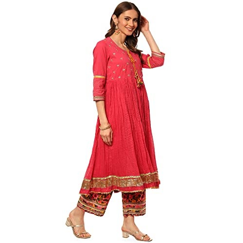 BIBA Women Solid Straight Salwar Cotton Kurta Pant With Dupatta (Skdassorted7670_Pink_32) - Image 3