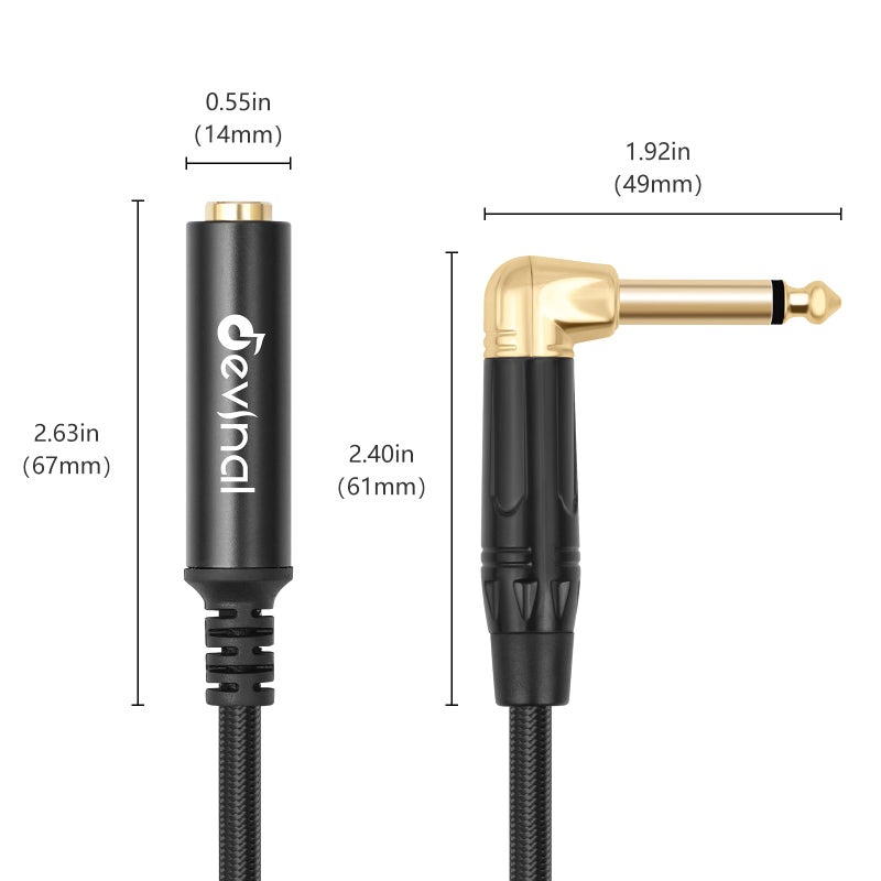 Devinal Right Angle 1/4 Inch TS Male to 1/4 Inch TS Female Cable, 6.35mm Mono Connector Patch Extension Adapter Best for V Shape Guitar 1 FT - Image 3