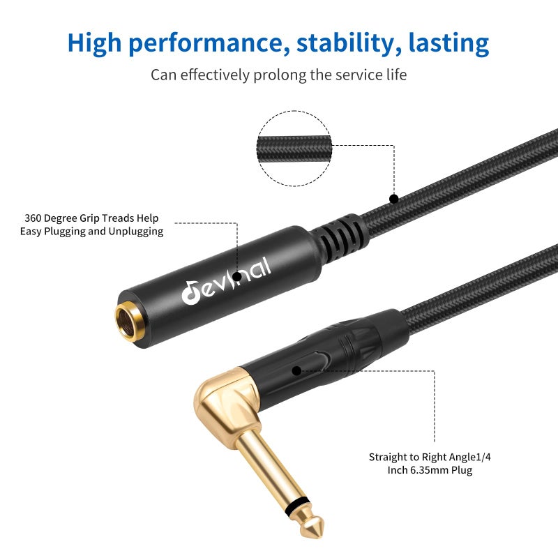Devinal Right Angle 1/4 Inch TS Male to 1/4 Inch TS Female Cable, 6.35mm Mono Connector Patch Extension Adapter Best for V Shape Guitar 1 FT - Image 2