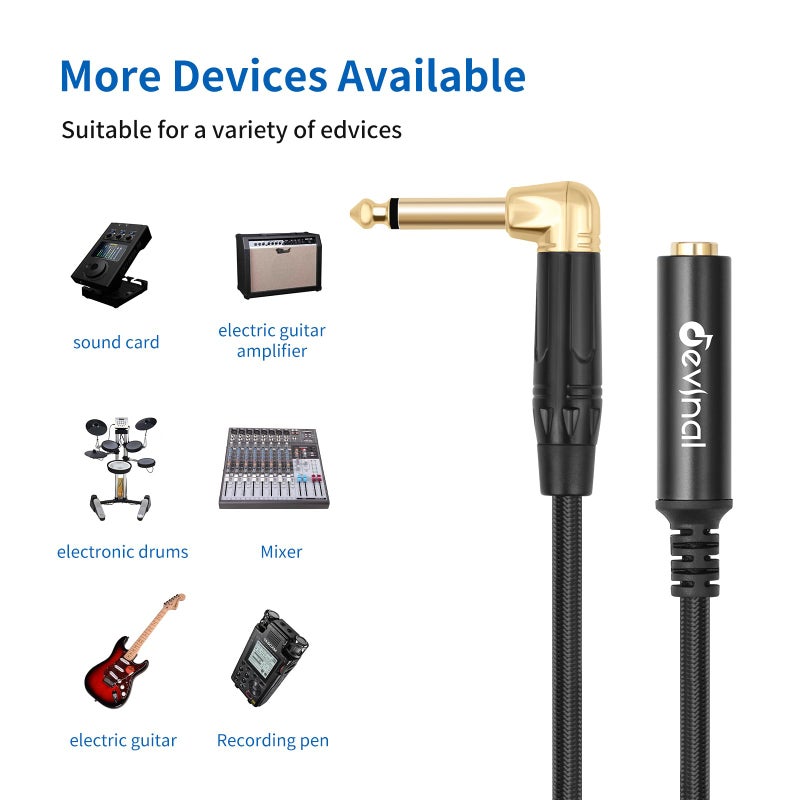 Devinal Right Angle 1/4 Inch TS Male to 1/4 Inch TS Female Cable, 6.35mm Mono Connector Patch Extension Adapter Best for V Shape Guitar 1 FT - Image 4