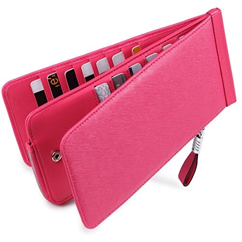 Huztencor Women's Credit Card Holder RFID Blocking Leather Multi Card Organizer Wallet Slim Long Zipper Bi-fold Business Card Case Clutch Wallet with ID Window Pink (FBA) - Image 1