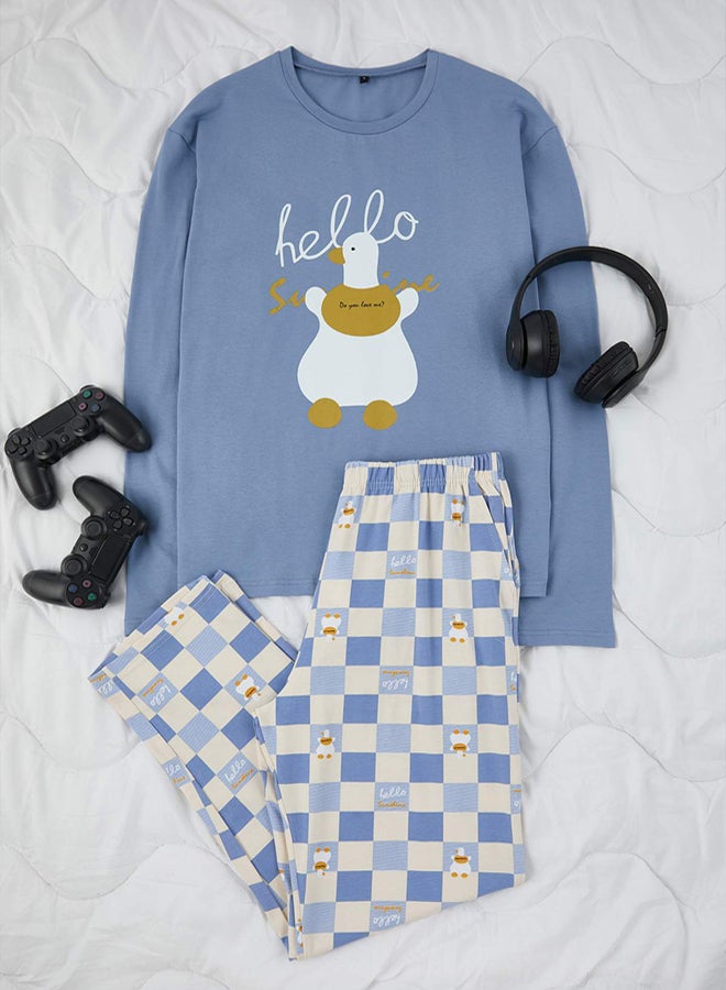 trendyol Blue Long Sleeve Cotton Plaid Pattern Duck Printed Pajamas Set - Image 1