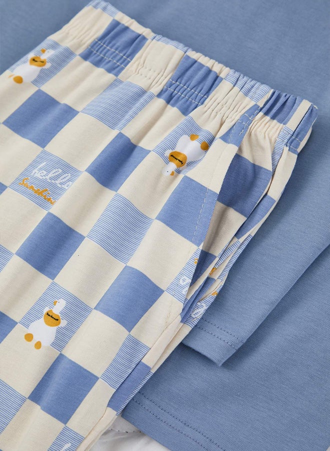 trendyol Blue Long Sleeve Cotton Plaid Pattern Duck Printed Pajamas Set - Image 2
