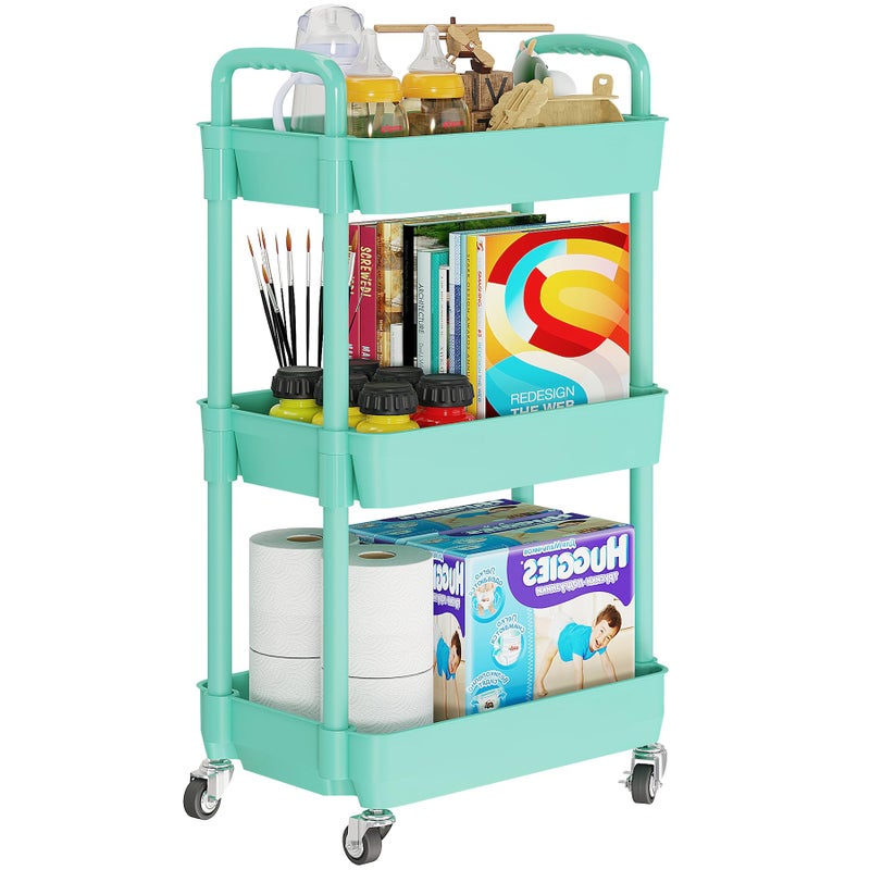 Laiensia 3-Tier Rolling Cart with Wheels,Multifunction Utility Storage Carts, Kitchen Storage Organizer,Mobile Shelving Unit for Bathroom,Laundry,with Classified Stickers,Green - Image 1