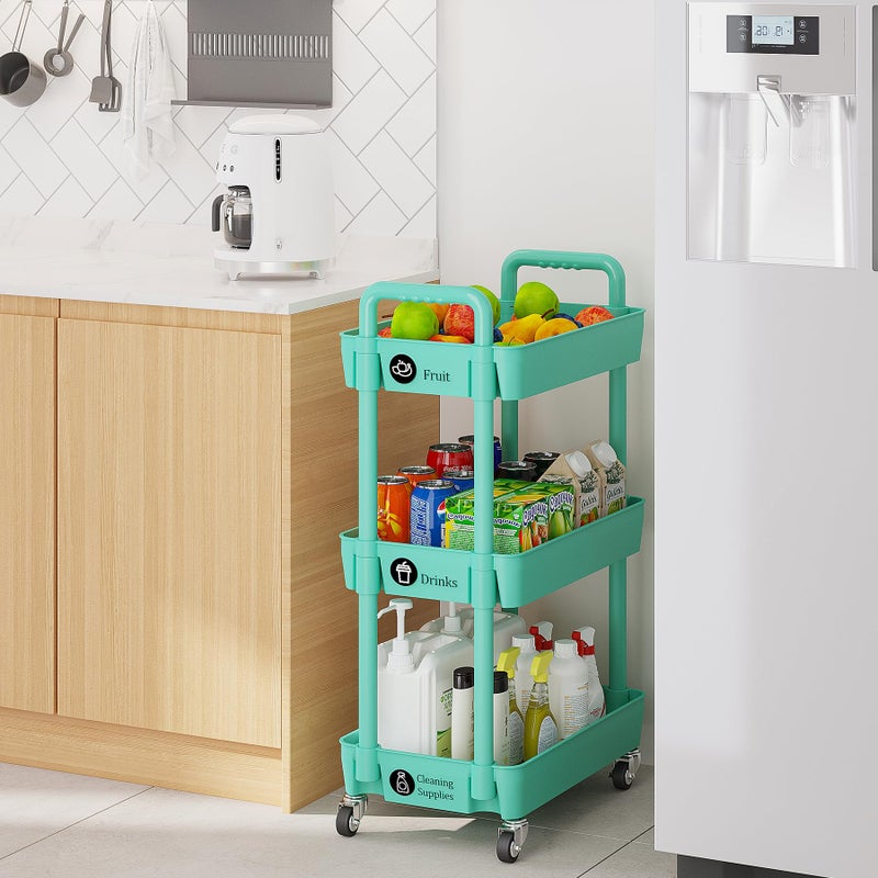Laiensia 3-Tier Rolling Cart with Wheels,Multifunction Utility Storage Carts, Kitchen Storage Organizer,Mobile Shelving Unit for Bathroom,Laundry,with Classified Stickers,Green - Image 4
