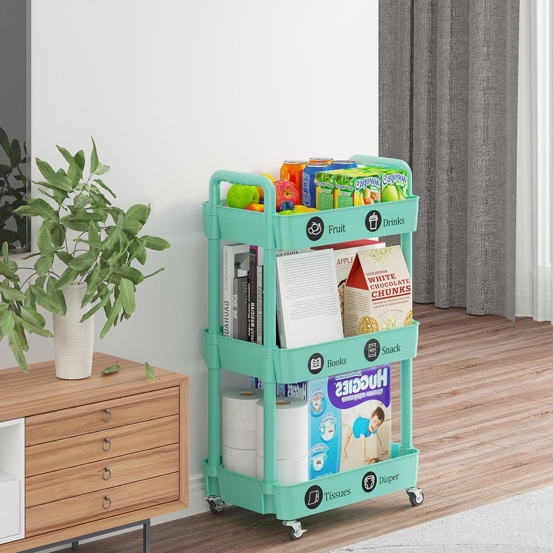 Laiensia 3-Tier Rolling Cart with Wheels,Multifunction Utility Storage Carts, Kitchen Storage Organizer,Mobile Shelving Unit for Bathroom,Laundry,with Classified Stickers,Green - Image 3
