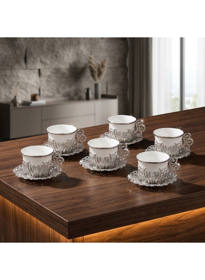 Acar 6-Piece Arabic & Turkish Coffee Set – Includes 6 Exquisite White Glass Cups with Stunning Silver Copper Cup Holders and Saucers for a Luxurious Tea Experience! Made in Türkiye - Image 1