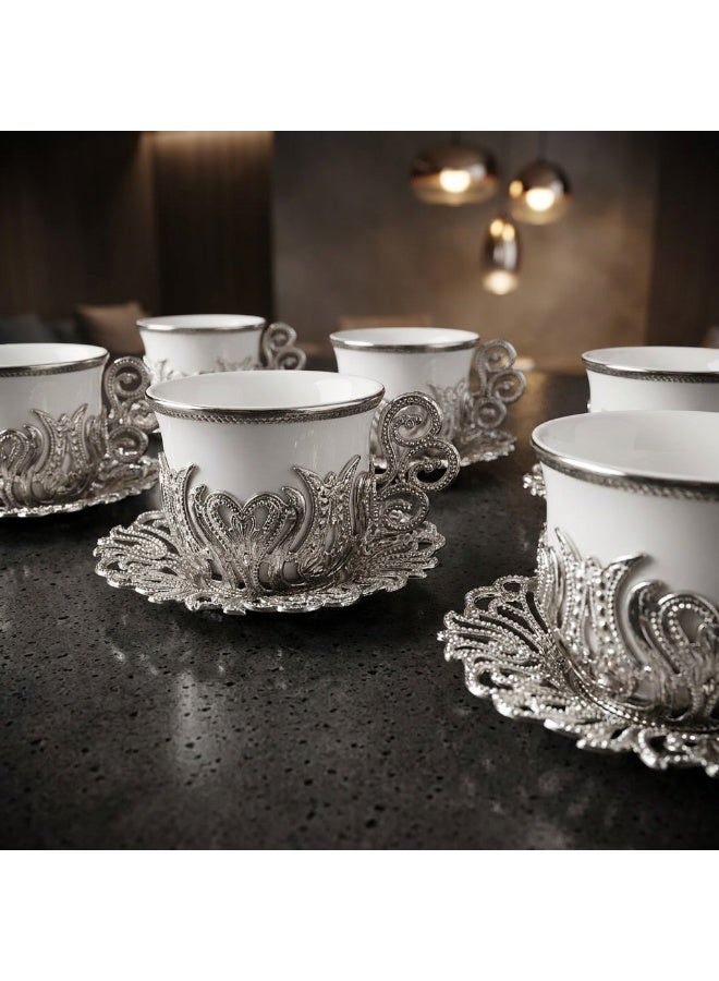 Acar 6-Piece Arabic & Turkish Coffee Set – Includes 6 Exquisite White Glass Cups with Stunning Silver Copper Cup Holders and Saucers for a Luxurious Tea Experience! Made in Türkiye - Image 2