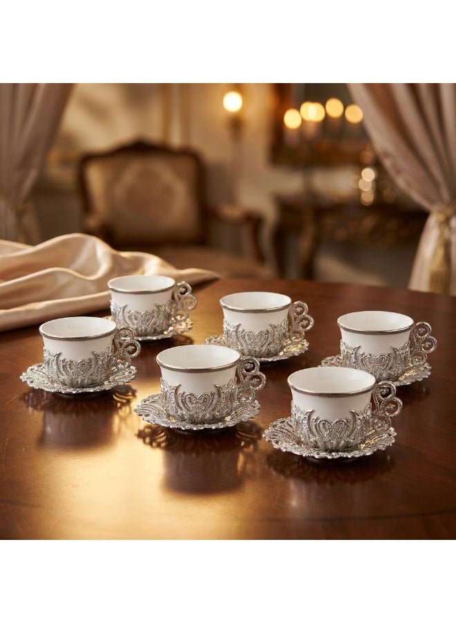 Acar 6-Piece Arabic & Turkish Coffee Set – Includes 6 Exquisite White Glass Cups with Stunning Silver Copper Cup Holders and Saucers for a Luxurious Tea Experience! Made in Türkiye - Image 3