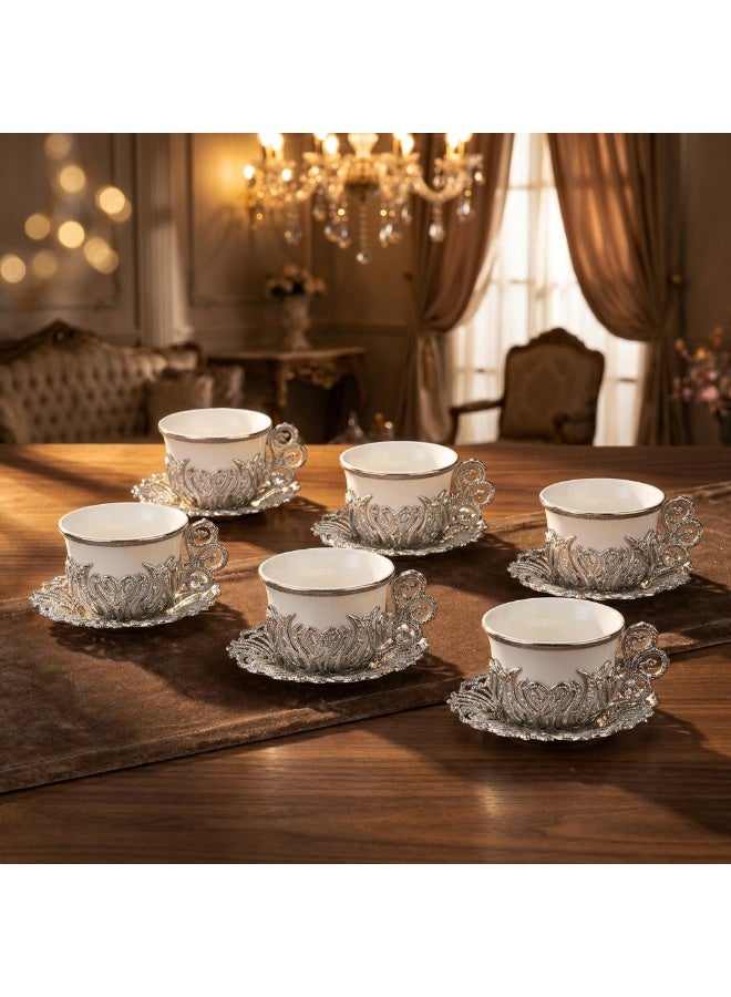 Acar 6-Piece Arabic & Turkish Coffee Set – Includes 6 Exquisite White Glass Cups with Stunning Silver Copper Cup Holders and Saucers for a Luxurious Tea Experience! Made in Türkiye - Image 4