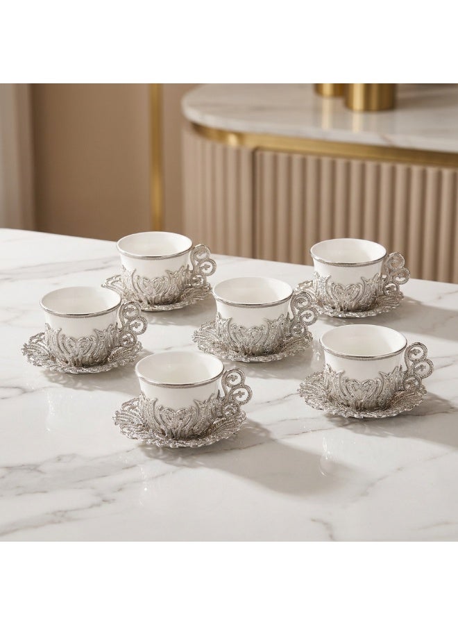 Acar 6-Piece Arabic & Turkish Coffee Set – Includes 6 Exquisite White Glass Cups with Stunning Silver Copper Cup Holders and Saucers for a Luxurious Tea Experience! Made in Türkiye - Image 5
