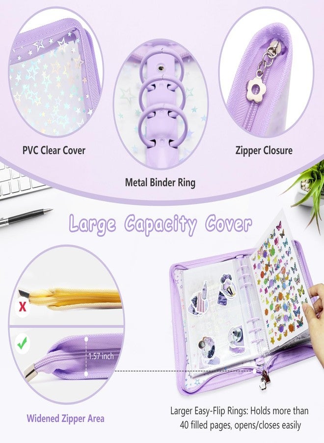 Ruatu Sticker Storage Organizer Binder A5 Sticker Collecting Book Reusable Zipper Album with Clear Laser Star Cover and Pocket Pages (Purple) - Image 2