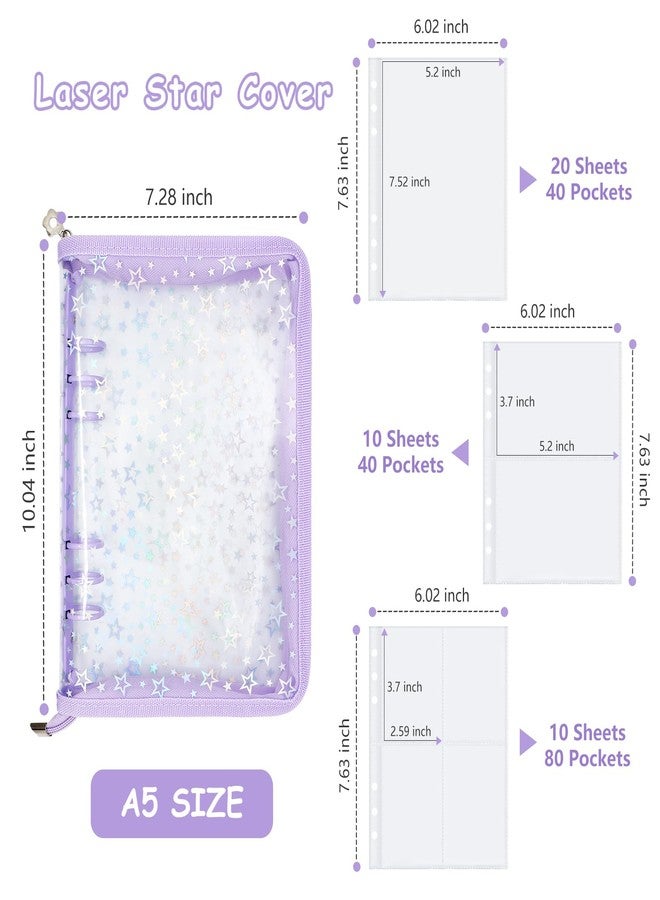 Ruatu Sticker Storage Organizer Binder A5 Sticker Collecting Book Reusable Zipper Album with Clear Laser Star Cover and Pocket Pages (Purple) - Image 5