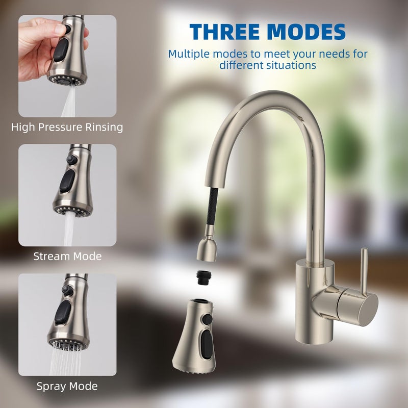 Hibbent Pull Down Kitchen Faucet Head Replacement, NSF/ANSI/CAN 61 & CUPC Certified 3-Function Sink Spray Nozzle with 15 Adapters Compatible with Moen, Delta, Kohler Faucets, Brushed Nickel - Image 2