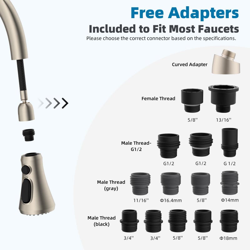Hibbent Pull Down Kitchen Faucet Head Replacement, NSF/ANSI/CAN 61 & CUPC Certified 3-Function Sink Spray Nozzle with 15 Adapters Compatible with Moen, Delta, Kohler Faucets, Brushed Nickel - Image 3