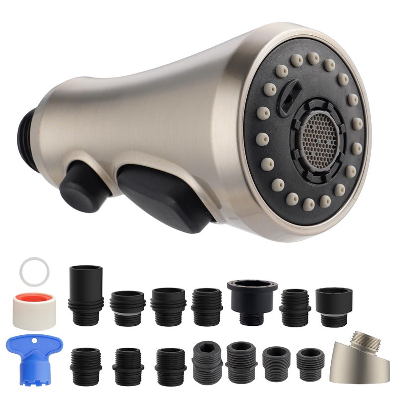 Hibbent Pull Down Kitchen Faucet Head Replacement, NSF/ANSI/CAN 61 & CUPC Certified 3-Function Sink Spray Nozzle with 15 Adapters Compatible with Moen, Delta, Kohler Faucets, Brushed Nickel - Image 1