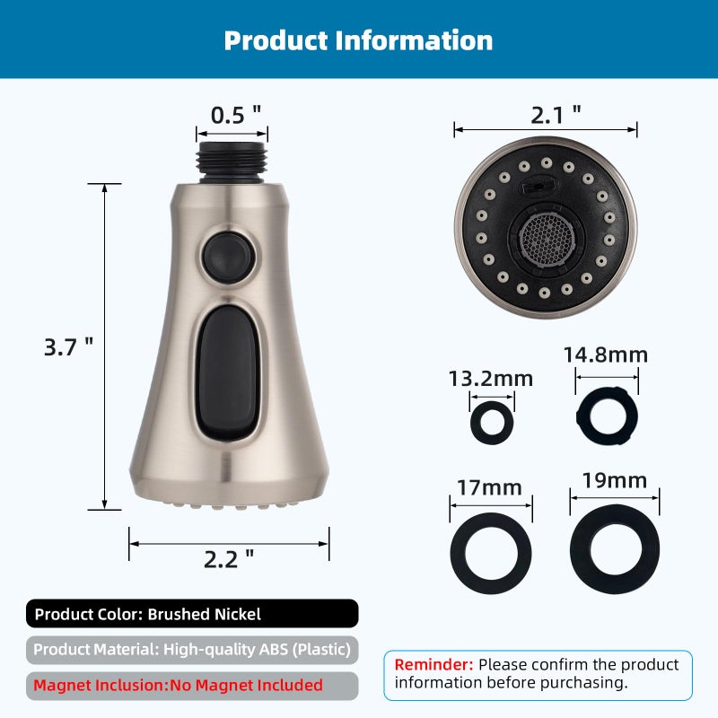 Hibbent Pull Down Kitchen Faucet Head Replacement, NSF/ANSI/CAN 61 & CUPC Certified 3-Function Sink Spray Nozzle with 15 Adapters Compatible with Moen, Delta, Kohler Faucets, Brushed Nickel - Image 5