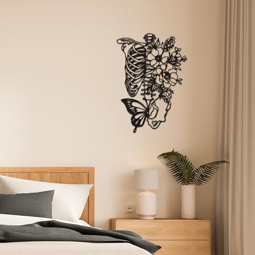 Rajukit Skull Wall Decor & Metal Butterfly Art - Gothic Skeleton Decor with Flowers, Eclectic Wall Sculpture for Bedroom & Outdoor Gothic Decor, Halloween Gifts - Image 4