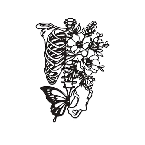 Rajukit Skull Wall Decor & Metal Butterfly Art - Gothic Skeleton Decor with Flowers, Eclectic Wall Sculpture for Bedroom & Outdoor Gothic Decor, Halloween Gifts - Image 1