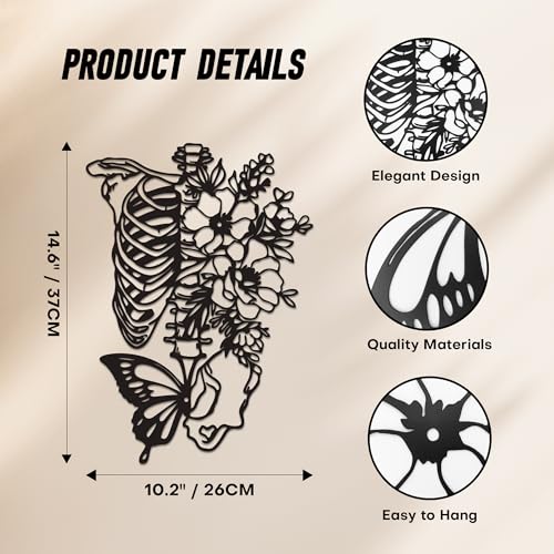 Rajukit Skull Wall Decor & Metal Butterfly Art - Gothic Skeleton Decor with Flowers, Eclectic Wall Sculpture for Bedroom & Outdoor Gothic Decor, Halloween Gifts - Image 2