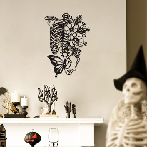 Rajukit Skull Wall Decor & Metal Butterfly Art - Gothic Skeleton Decor with Flowers, Eclectic Wall Sculpture for Bedroom & Outdoor Gothic Decor, Halloween Gifts - Image 3