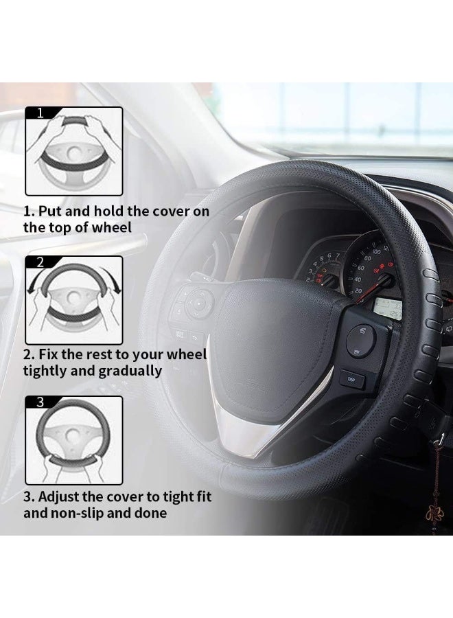 FMS Genuine Leather Car Steering Wheel Cover Universal 15.5 Inch Automotive Interior Accessories-Black - Image 2