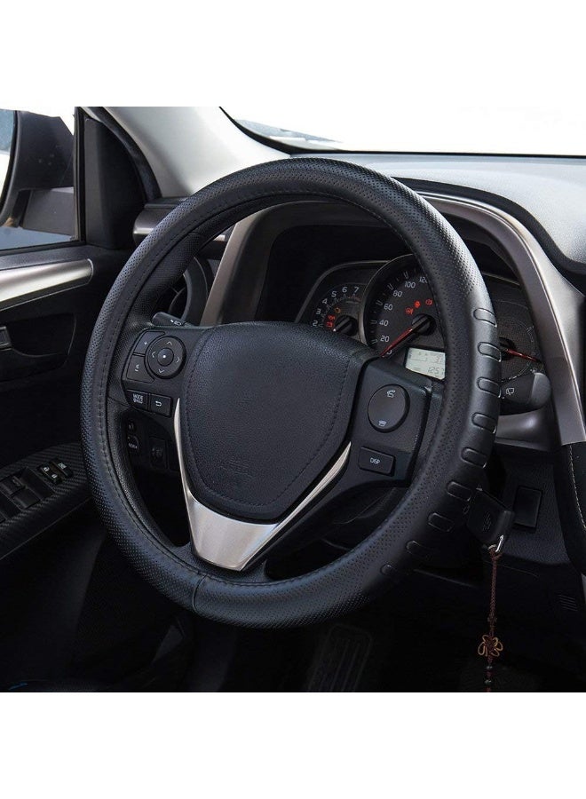 FMS Genuine Leather Car Steering Wheel Cover Universal 15.5 Inch Automotive Interior Accessories-Black - Image 1