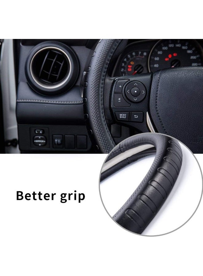 FMS Genuine Leather Car Steering Wheel Cover Universal 15.5 Inch Automotive Interior Accessories-Black - Image 4