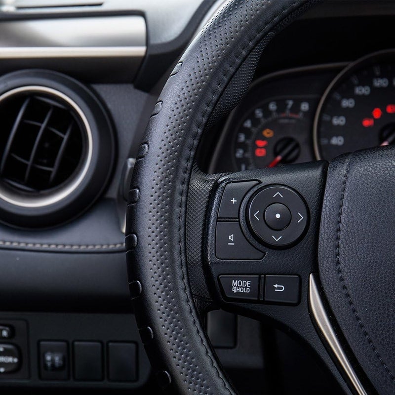 FMS Genuine Leather Car Steering Wheel Cover Universal 15.5 Inch Automotive Interior Accessories-Black - Image 3