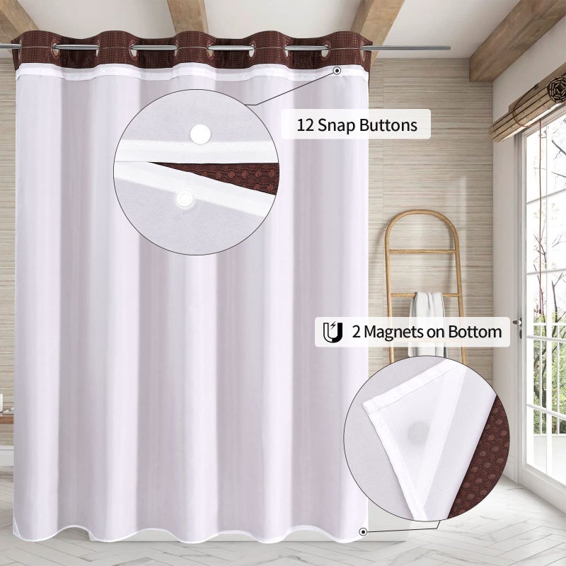MitoVilla No Hooks Need Brown Waffle Shower Curtain with Snap-in Liner  Modern Waffle Weave Fabric Shower Curtains for Luxury Hotel Grade Spa-Like Bathroom Decor  Dark Brown  72 x 74 - Image 2