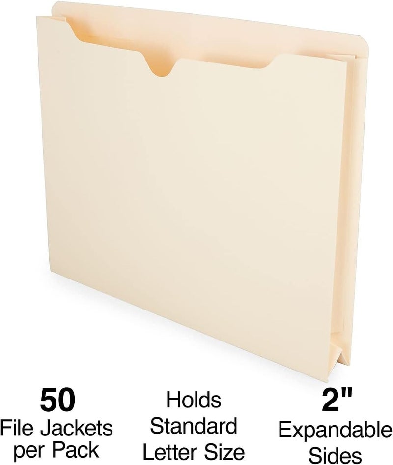 Staples Jacket File Folders, Letter Size, Manila, Expandable 2-Inch Sides, Bulk 50-Pack - Image 2