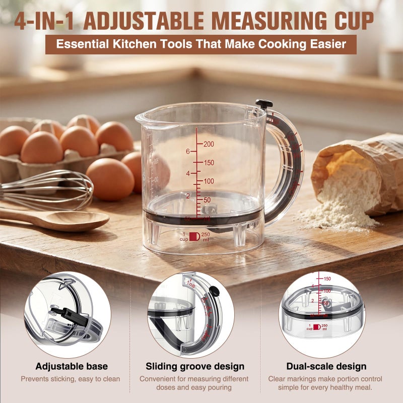 Saysurey 4 In1 Adjustable Measuring Cup Set Multi with Scraper Style Seal Base Adjustable Measuring Spoon Measurement Conversion Chart Space Saving Easy to Clean for Baking Cooking - Image 3