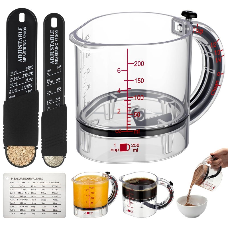 Saysurey 4 In1 Adjustable Measuring Cup Set Multi with Scraper Style Seal Base Adjustable Measuring Spoon Measurement Conversion Chart Space Saving Easy to Clean for Baking Cooking - Image 1