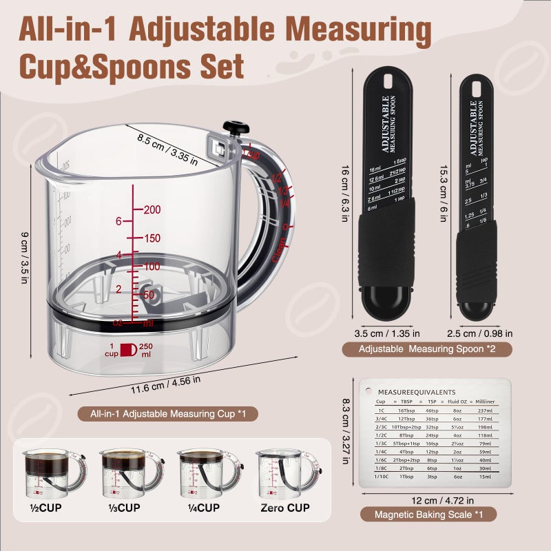 Saysurey 4 In1 Adjustable Measuring Cup Set Multi with Scraper Style Seal Base Adjustable Measuring Spoon Measurement Conversion Chart Space Saving Easy to Clean for Baking Cooking - Image 2
