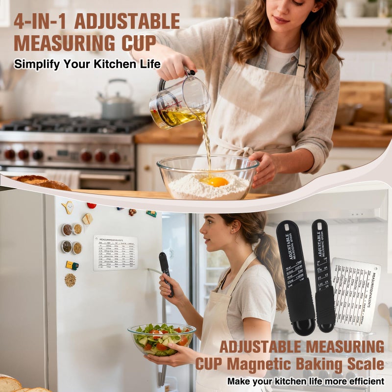 Saysurey 4 In1 Adjustable Measuring Cup Set Multi with Scraper Style Seal Base Adjustable Measuring Spoon Measurement Conversion Chart Space Saving Easy to Clean for Baking Cooking - Image 4
