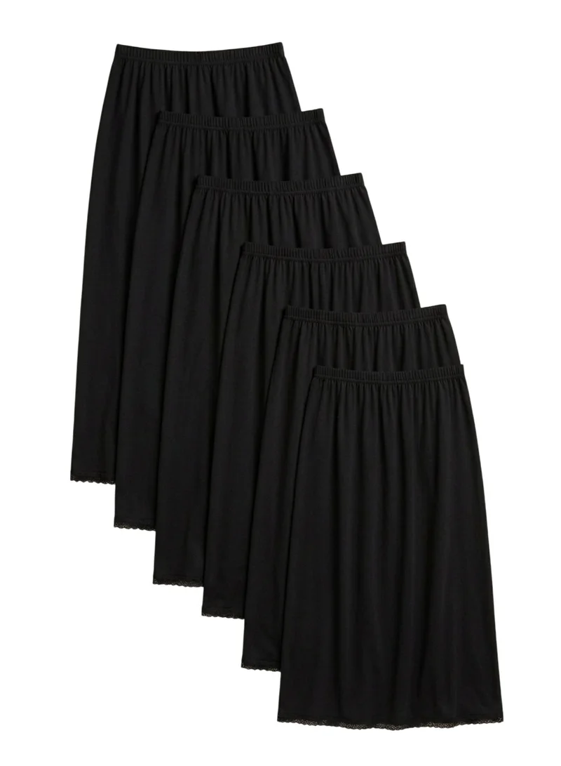 بيداني Women's Half Slip Midi Skirt Extender (6-Pack) – Anti-Static Elastic Waist Underskirt with Lace Trim - Black