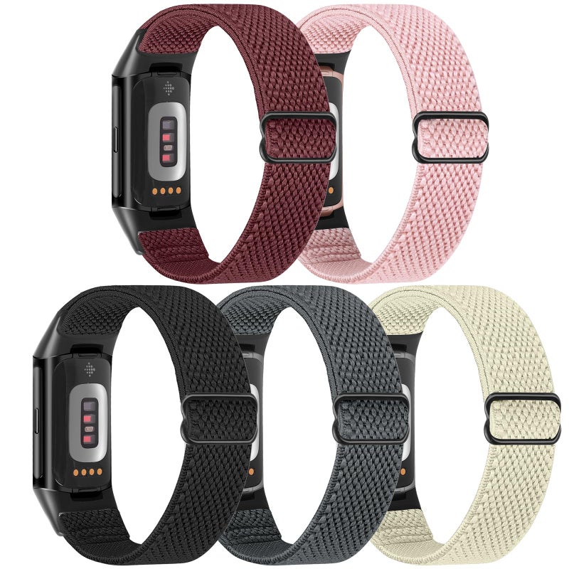 Bcuckood 5 Pack Elastic Nylon Watch Bands Compatible for Fitbit Charge 6/Fitbit Charge 5, Adjustable Breathable Replacement Stretchy Nylon Loop Wristband Sport Strap for Women Men - Image 2