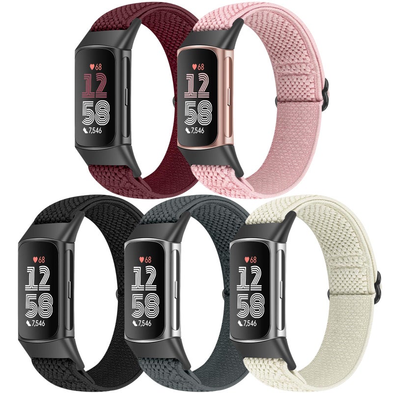 Bcuckood 5 Pack Elastic Nylon Watch Bands Compatible for Fitbit Charge 6/Fitbit Charge 5, Adjustable Breathable Replacement Stretchy Nylon Loop Wristband Sport Strap for Women Men - Image 1