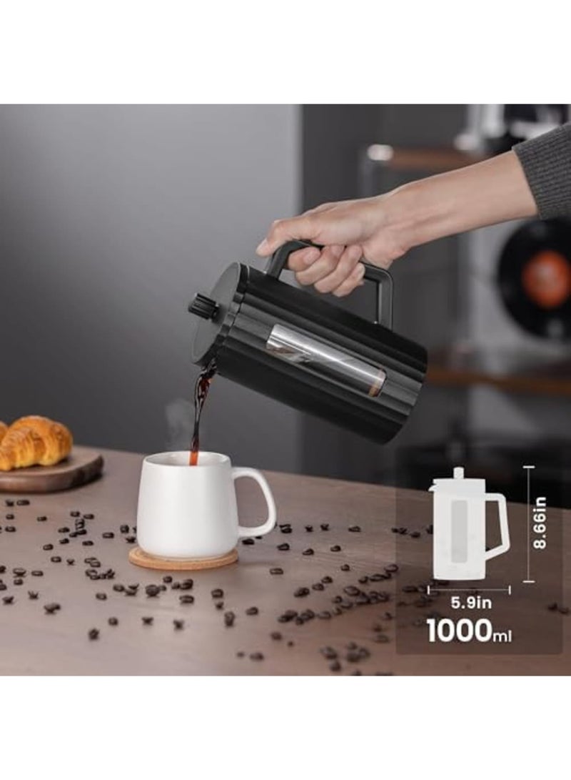 SYOSI صانعة قهوة فرنسية – زجاج بوروسيليكات مع ضغط شاي من الفولاذ المقاوم للصدأ 3 طبقات، صانعة قهوة فرنسية كبيرة للمنزل، المكتب، المطبخ والسفر، تصميم أسود عصري (أسود) - Image 3