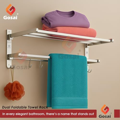GOSAI Stainless Steel Towel Rack for Bathroom | Wall Mounted Towel Holder with Shelf | Modern Bathroom Accessories Set | Rust Free Folding Rack Bathroom Organizer |Rack Shelf | Towel Stand - 24 inch - Image 3