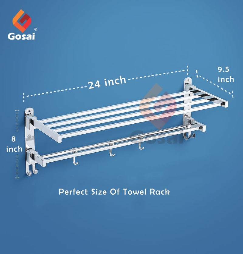GOSAI Stainless Steel Towel Rack for Bathroom | Wall Mounted Towel Holder with Shelf | Modern Bathroom Accessories Set | Rust Free Folding Rack Bathroom Organizer |Rack Shelf | Towel Stand - 24 inch - Image 4
