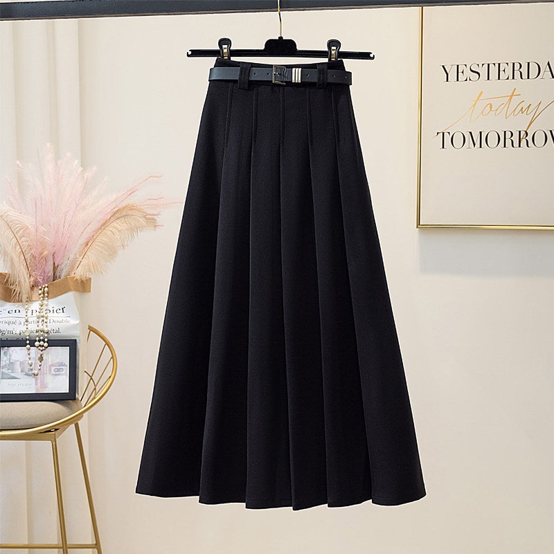 Winter Korean high-waisted woolen skirt, women's coffee color, medium-length style, autumn 2025, thickened top, pleated skirt - Image 2