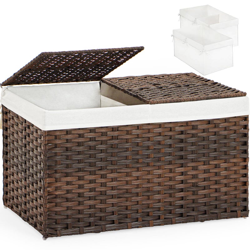 SETVSON Storage Basket with Lid Rattan Woven Storage Baskets with 2 Separate Lids, 17.2 Gallon (65 L), 22 x 13 x 13.8 Inches,Foldable, 2 Removable Liner Bags Handles for Bedroom, Laundry Room Brown - Image 1