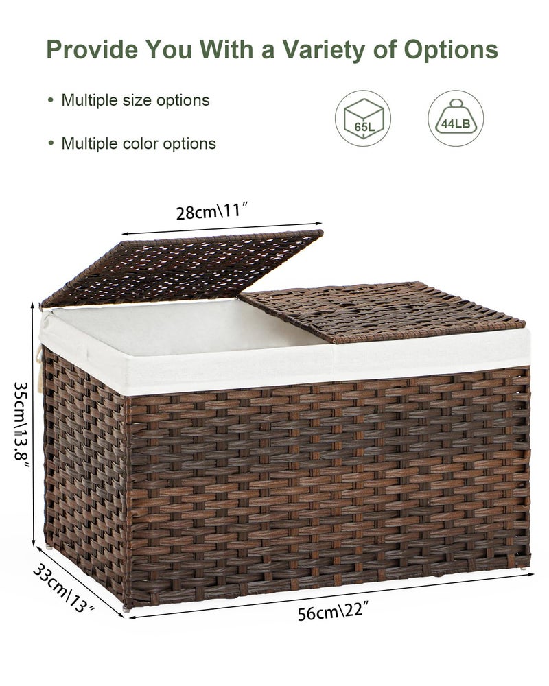 SETVSON Storage Basket with Lid Rattan Woven Storage Baskets with 2 Separate Lids, 17.2 Gallon (65 L), 22 x 13 x 13.8 Inches,Foldable, 2 Removable Liner Bags Handles for Bedroom, Laundry Room Brown - Image 4